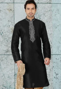 Embroidered Dupion Silk Kurta in Black