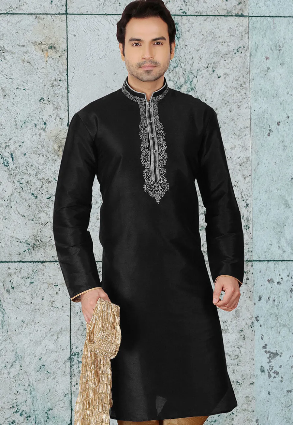 Embroidered Dupion Silk Kurta in Black
