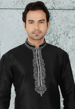 Embroidered Dupion Silk Kurta in Black