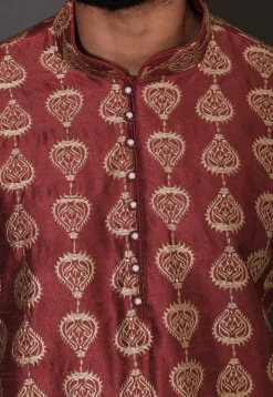 Embroidered Dupion Silk Kurta Set in Maroon