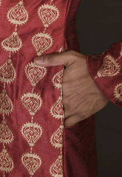 Embroidered Dupion Silk Kurta Set in Maroon