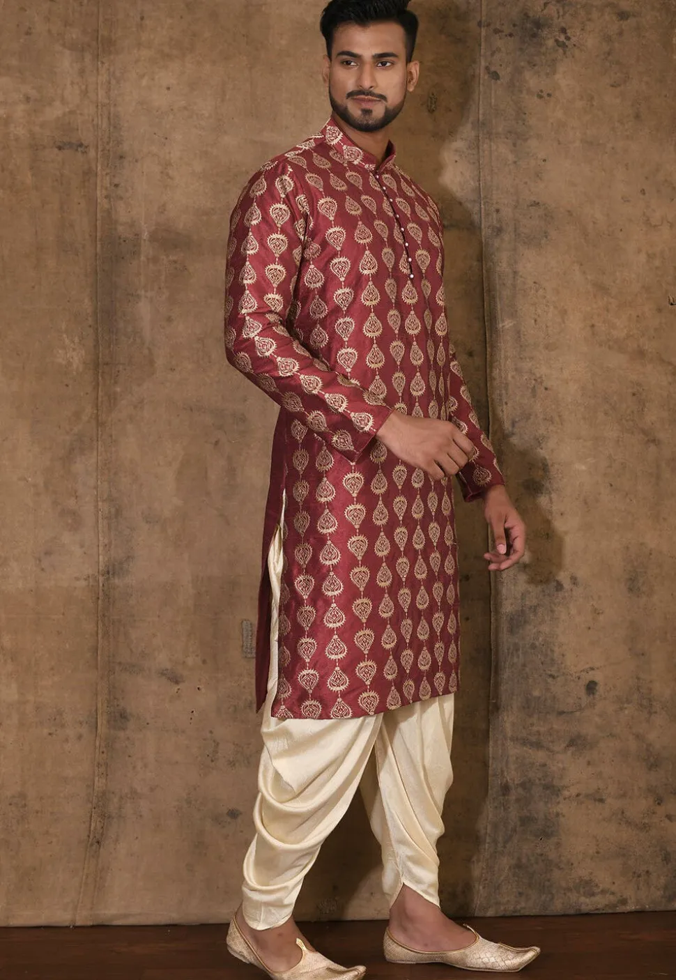 Embroidered Dupion Silk Kurta Set in Maroon