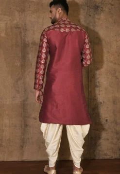 Embroidered Dupion Silk Kurta Set in Maroon