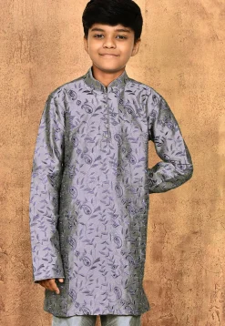 Embroidered Dupion Silk Kurta in Grey