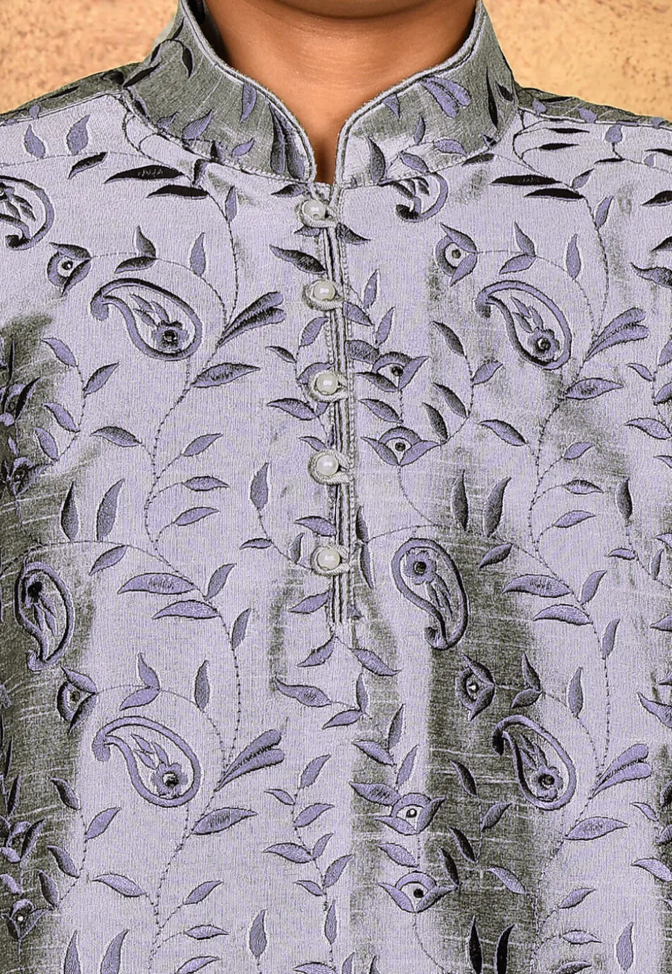 Embroidered Dupion Silk Kurta in Grey