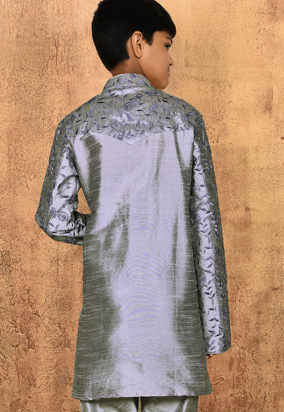 Embroidered Dupion Silk Kurta in Grey