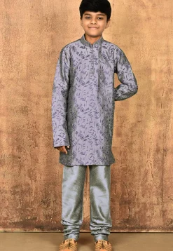 Embroidered Dupion Silk Kurta in Grey