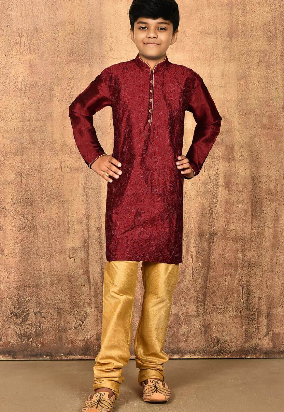 Embroidered Dupion Silk Kurta Set in Maroon