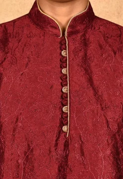 Embroidered Dupion Silk Kurta Set in Maroon