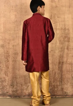 Embroidered Dupion Silk Kurta Set in Maroon