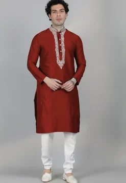 Embroidered Dupion Silk Kurta Set in Maroon