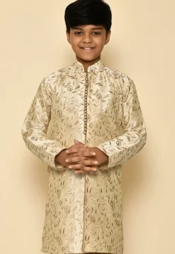 Embroidered Dupion Silk Kurta in Light Beige