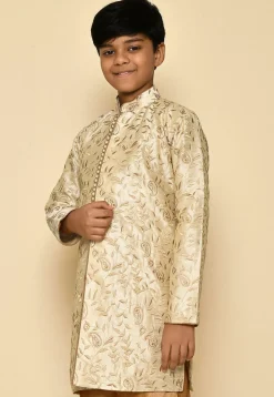 Embroidered Dupion Silk Kurta in Light Beige