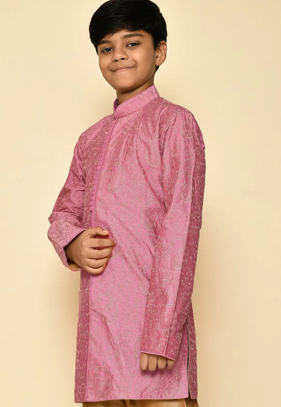 Embroidered Dupion Silk Kurta in Dark Pink