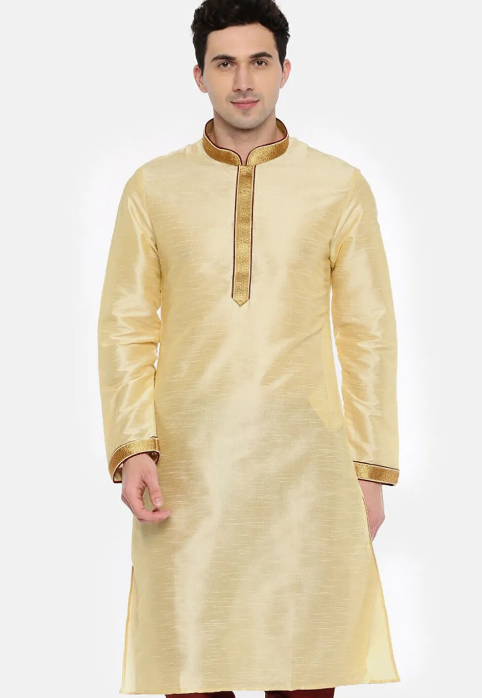 Embroidered Dupion Silk Kurta in Light Beige