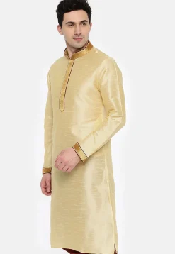 Embroidered Dupion Silk Kurta in Light Beige