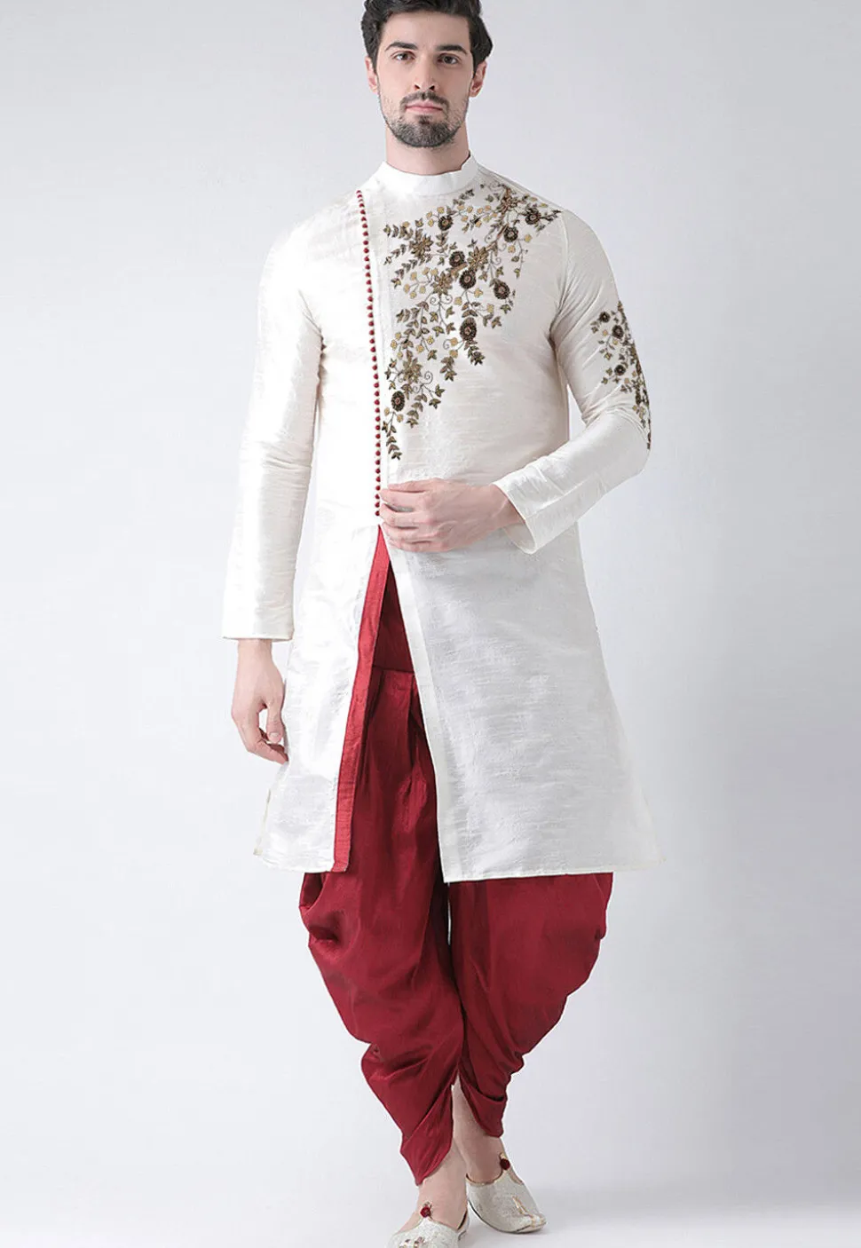 Embroidered Dupion Silk Kurta Set in White