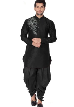 Embroidered Dupion Silk Kurta Set in Black