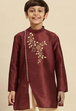 Embroidered Dupion Silk Kurta in Maroon