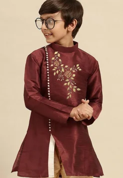 Embroidered Dupion Silk Kurta in Maroon