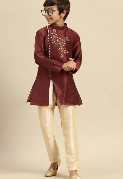 Embroidered Dupion Silk Kurta in Maroon