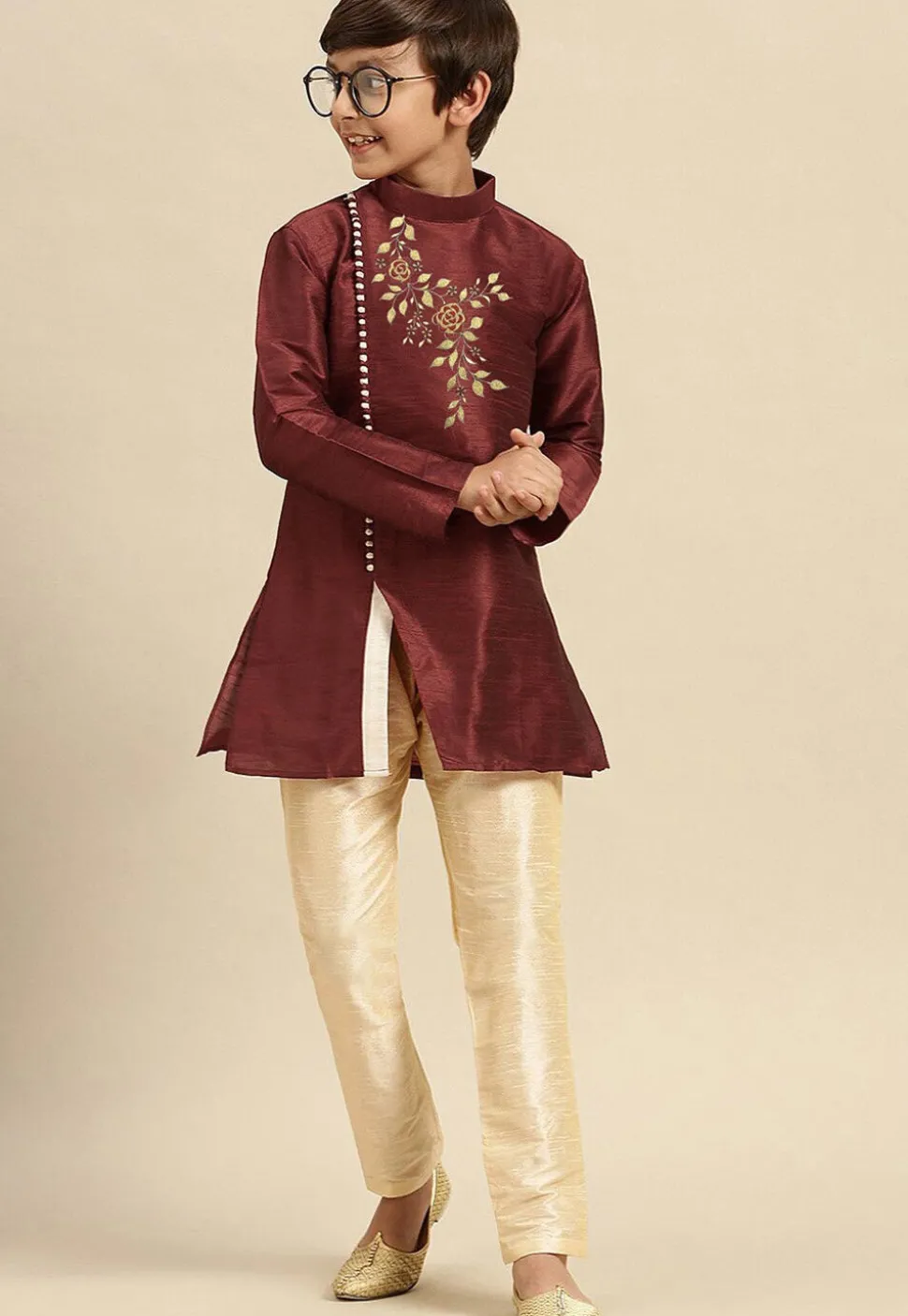 Embroidered Dupion Silk Kurta in Maroon