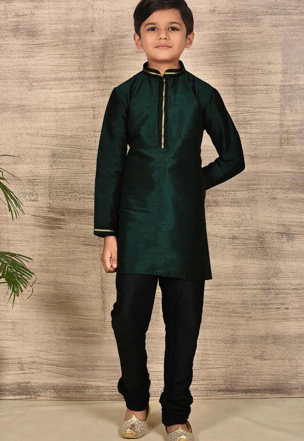 Embroidered Dupion Silk Kurta in Dark Green