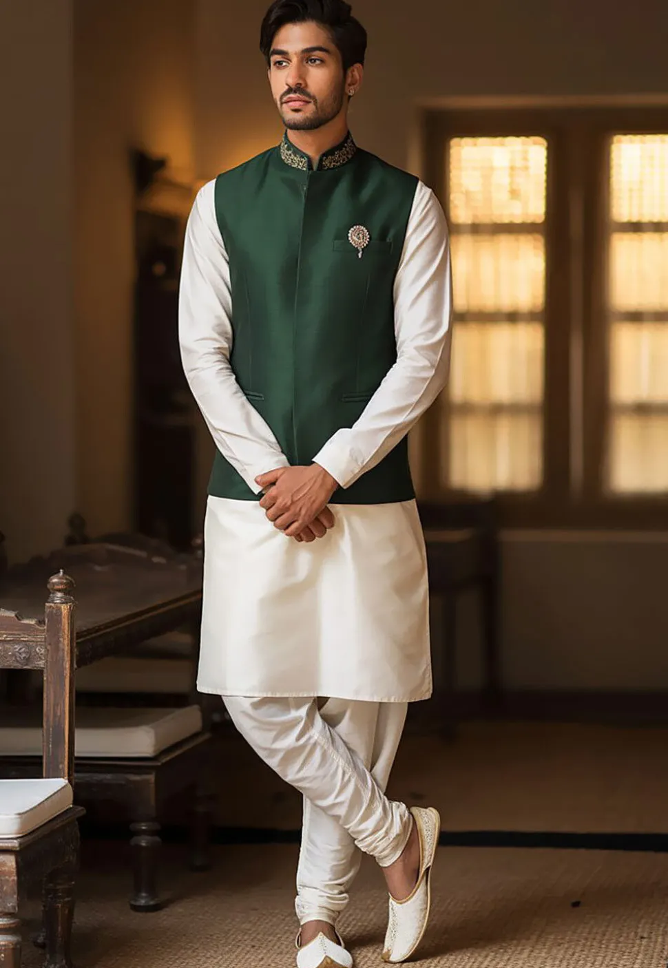 Embroidered Dupion Silk Kurta Set in White and Dark Green