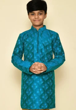 Embroidered Dupion Silk Kurta in Teal Blue