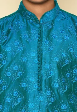 Embroidered Dupion Silk Kurta in Teal Blue