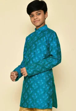 Embroidered Dupion Silk Kurta in Teal Blue