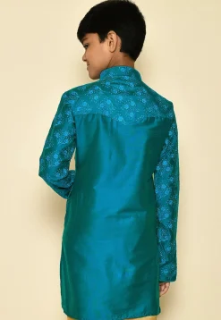 Embroidered Dupion Silk Kurta in Teal Blue