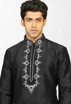 Embroidered Dupion Silk Kurta in Black