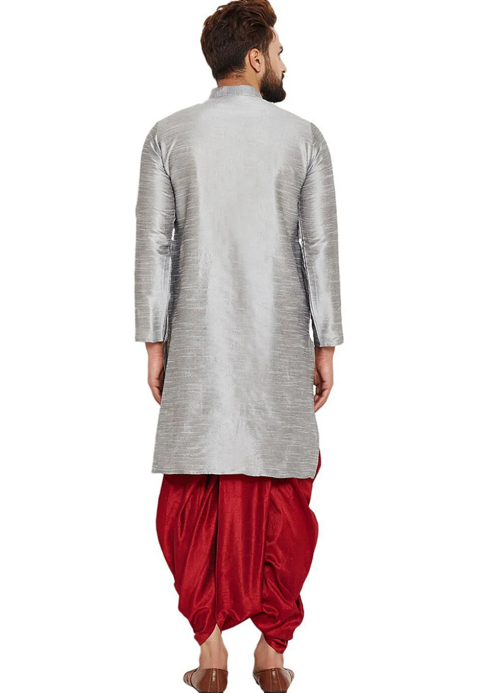 Embroidered Dupion Silk Kurta Set in Light Grey