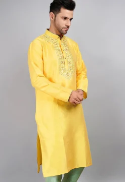 Embroidered Dupion Silk Kurta in Yellow