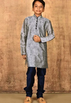 Embroidered Dupion Silk Kurta Set in Grey