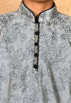 Embroidered Dupion Silk Kurta Set in Grey