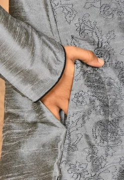 Embroidered Dupion Silk Kurta Set in Grey