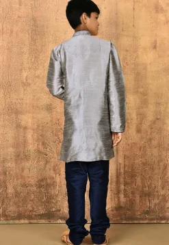 Embroidered Dupion Silk Kurta Set in Grey
