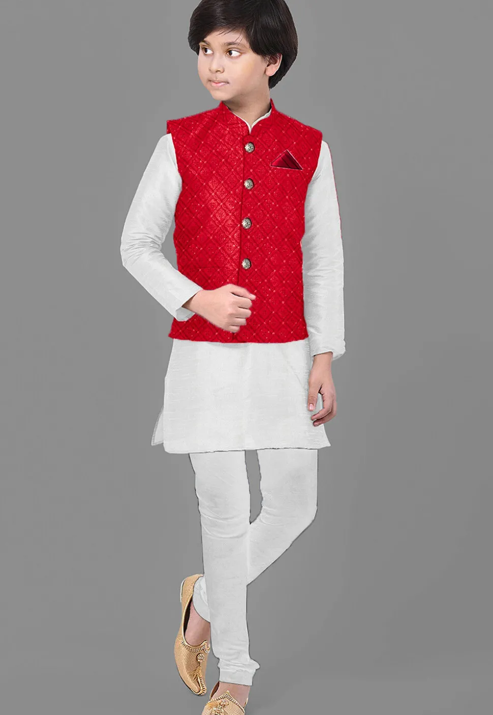 Embroidered Dupion Silk Kurta Set in Off White