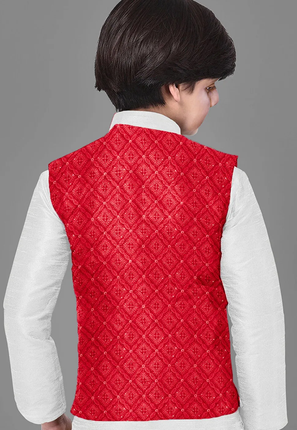 Embroidered Dupion Silk Kurta Set in Off White