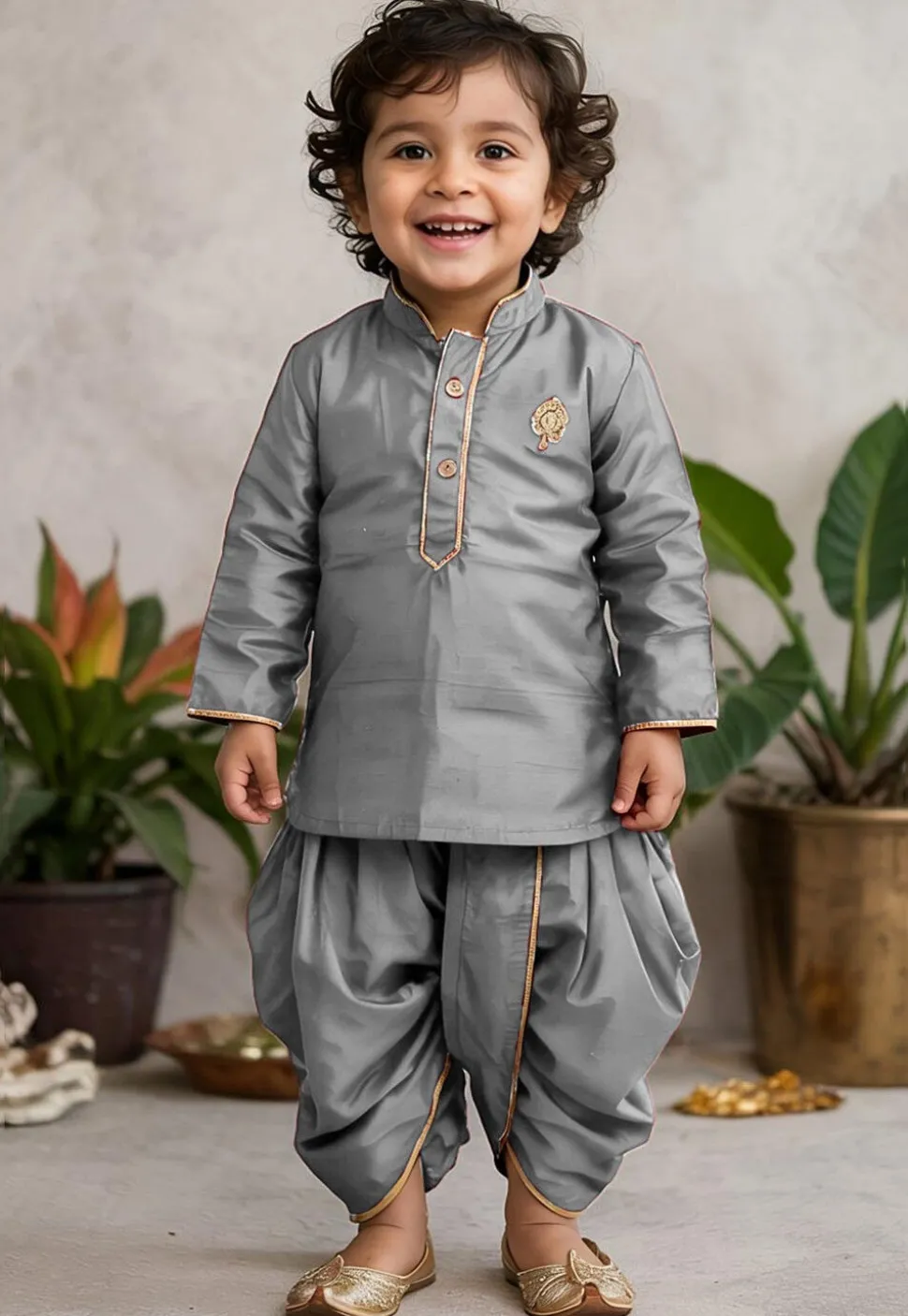 Embroidered Dupion Silk Kurta Set in Grey