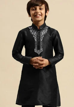 Embroidered Dupion Silk Kurta in Black