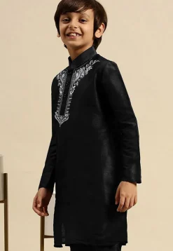 Embroidered Dupion Silk Kurta in Black