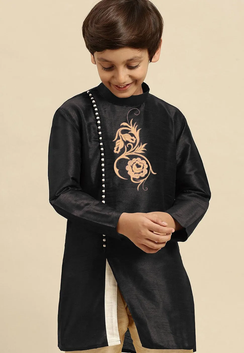 Embroidered Dupion Silk Kurta in Black