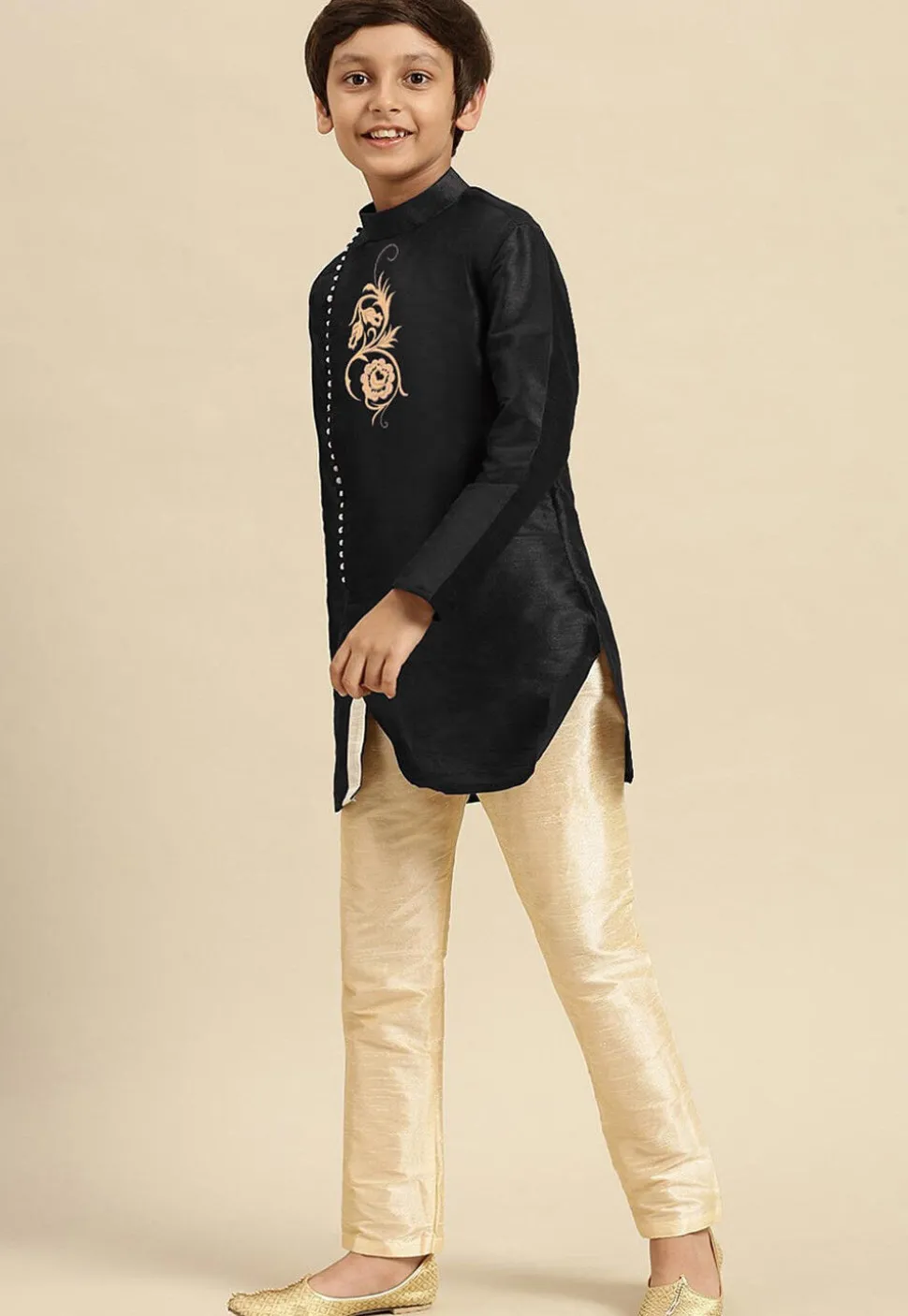 Embroidered Dupion Silk Kurta in Black