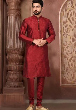 Embroidered Dupion Silk Kurta Set in Maroon