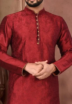 Embroidered Dupion Silk Kurta Set in Maroon