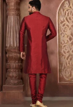 Embroidered Dupion Silk Kurta Set in Maroon