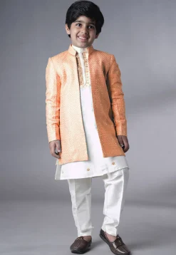 Embroidered Dupion Silk Kurta Set in Off White and Peach